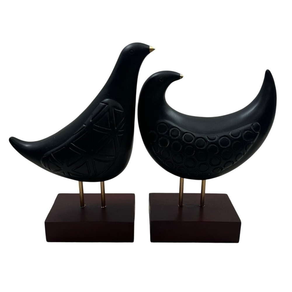 Mid Century Modern Style Matte Black Bird Figurines Gold Accents Set of 2